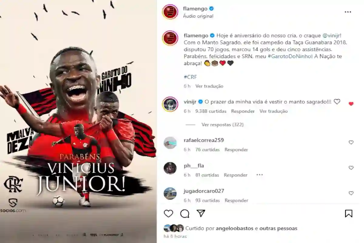 VINÍCIUS JÚNIOR AGRADECE MENSAGEM DO FLAMENGO SOBRE SEU ANIVERSÁRIO NAS REDES SOCIAIS