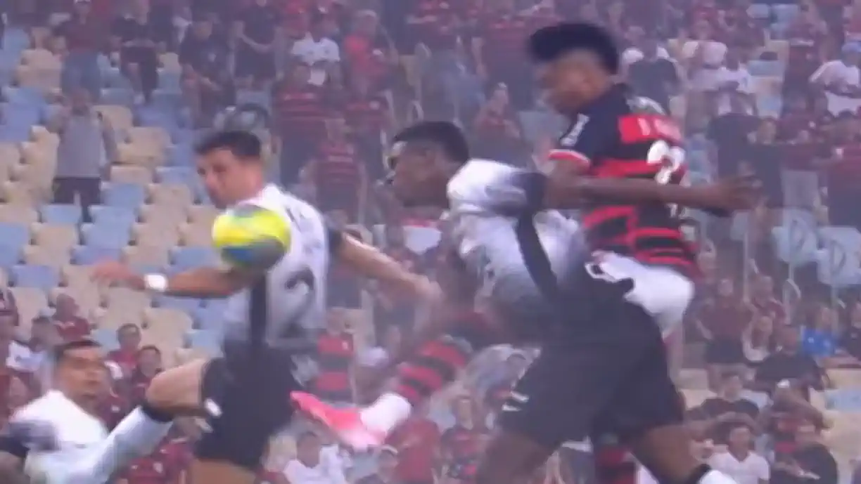 Bruno Henrique e Héctor Hernández em lance de possível pênalti para o Flamengo (Reprodução: TV Globo)