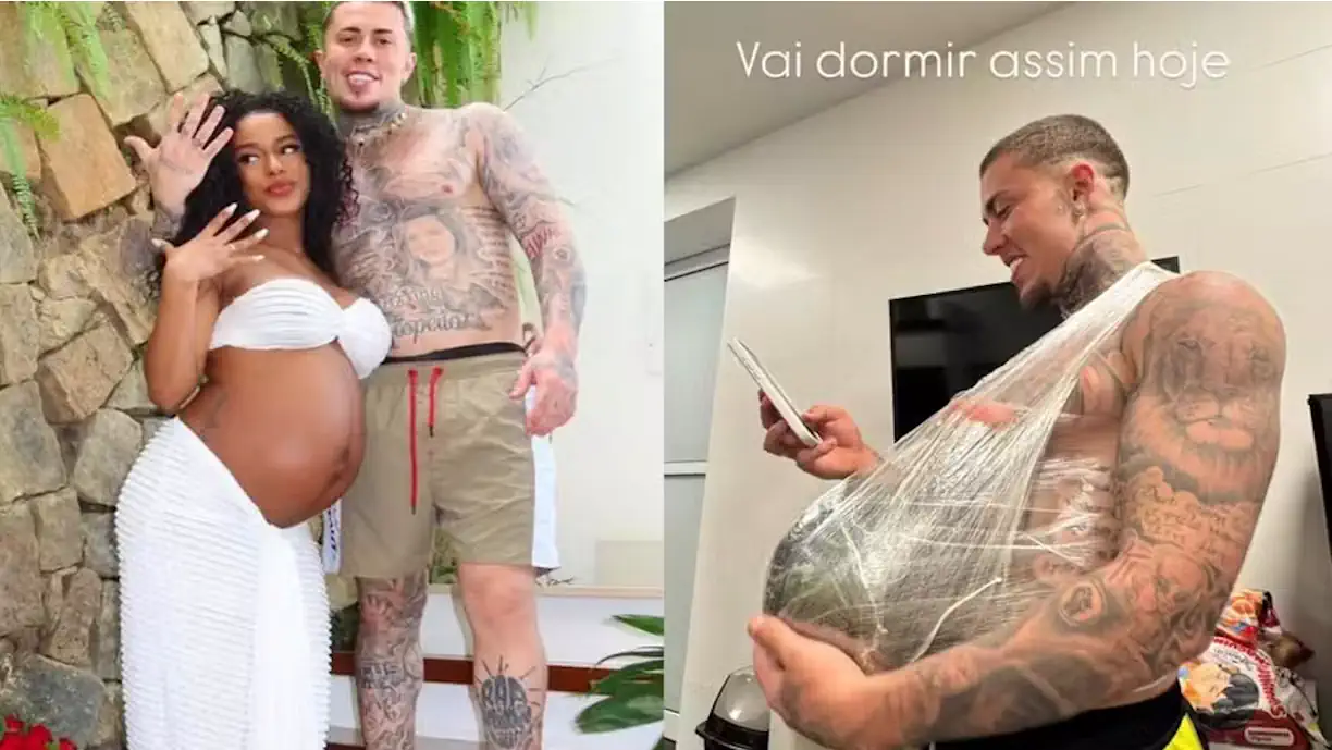 Lorena Maria obriga MC Daniel a dormir com melancia presa à barriga em simulação ao seu desconforto para dormir (Reprodução/ Instagram)