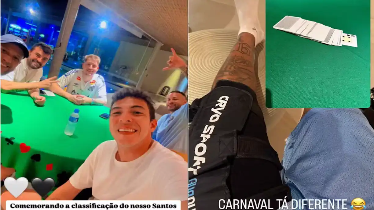 Neymar publicou uma foto onde aparece com alguns amigos jogando poker e de pernas para cima, com uma faixa em uma das coxas ( Reprodução/ Instagram)